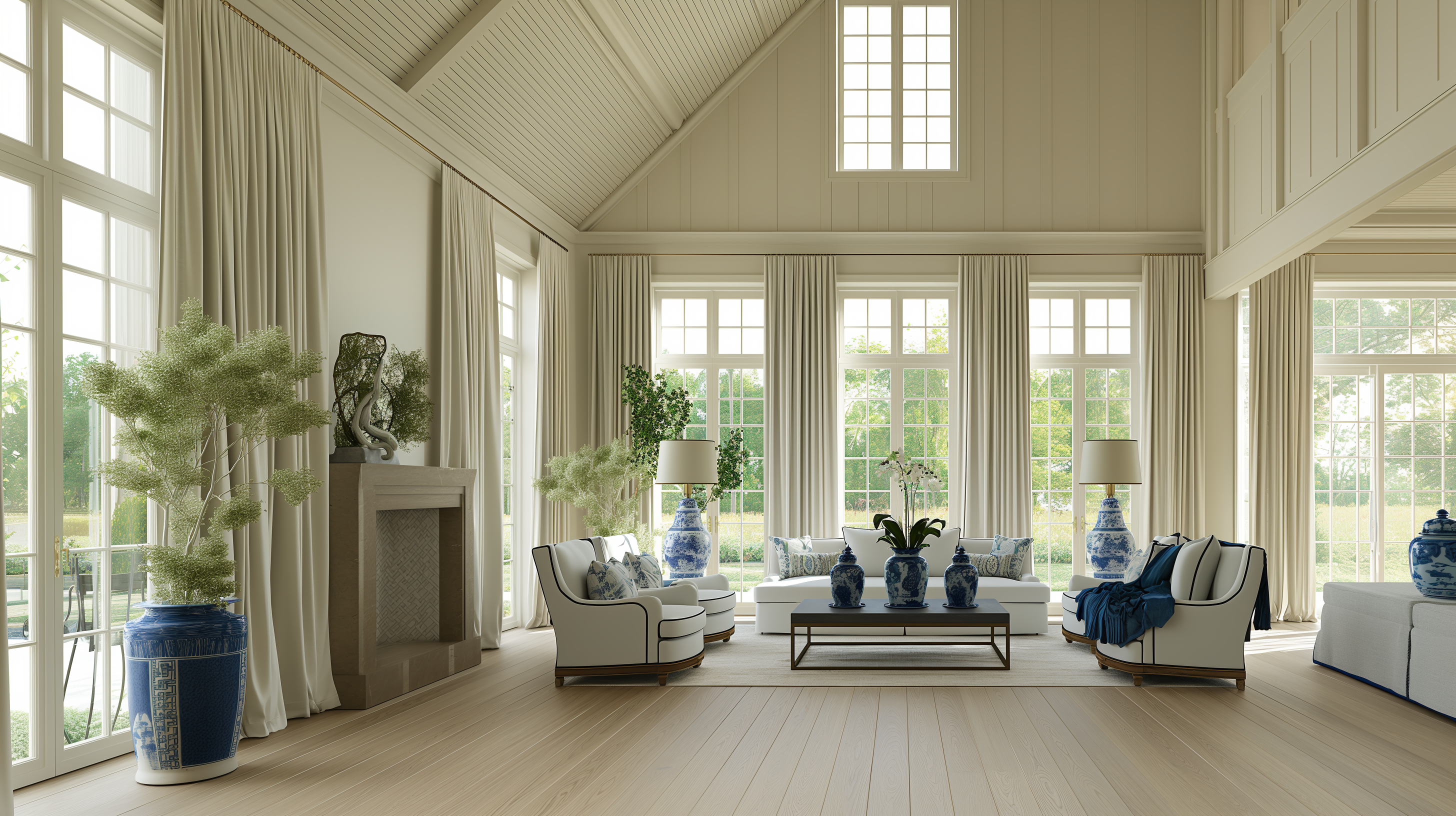 Spacious, light-filled living room with tall windows, classic ivory seating, and blue-and-white chinoiserie accents, designed for beauty and calm.