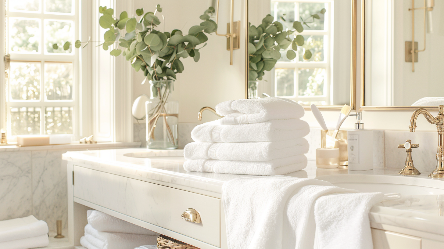 Elegant bathroom with white marble countertops, brass fixtures, fresh eucalyptus, and a neatly stacked pile of plush white towels.