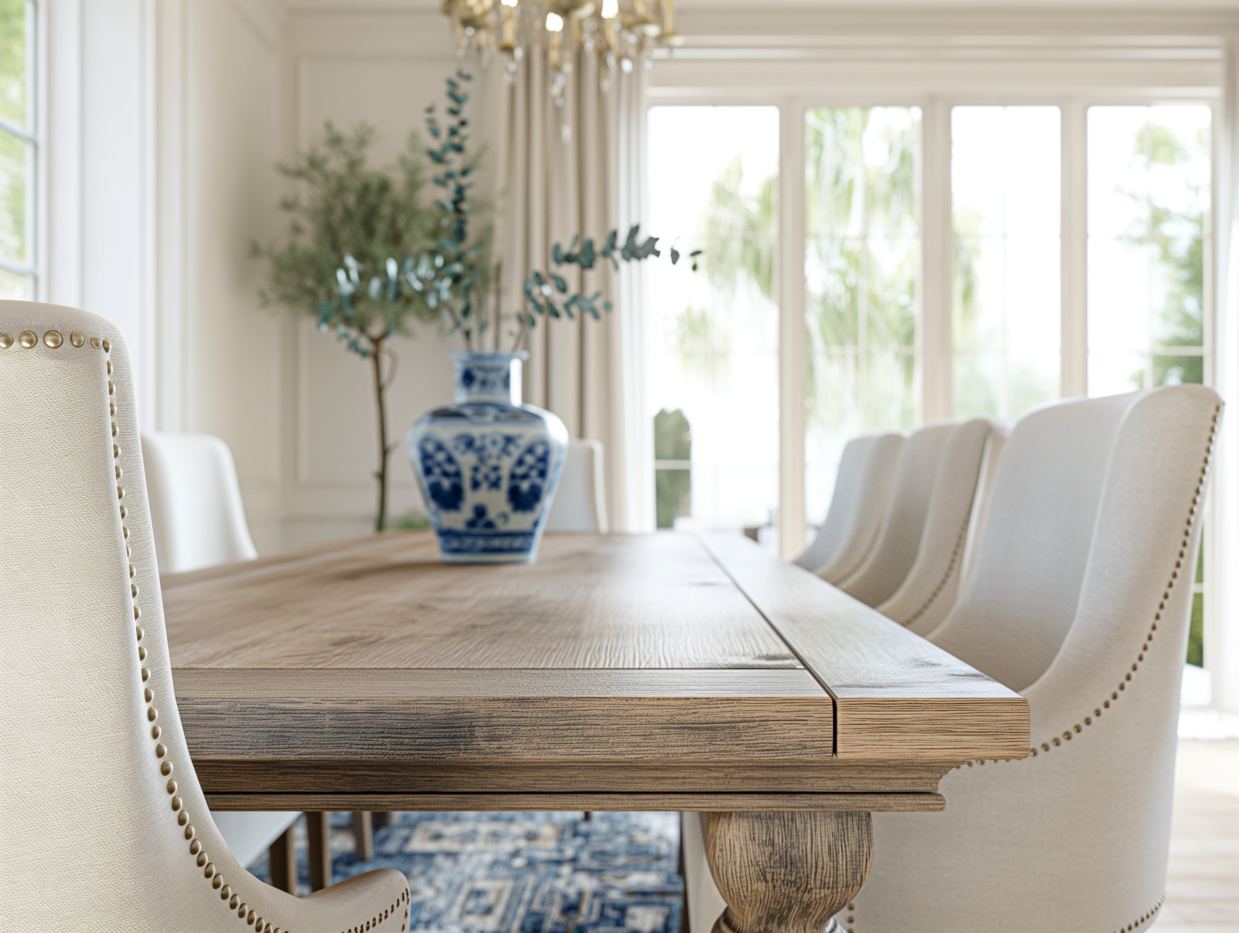 Elegant dining room with upholstered chairs, a rustic wood table, and a blue-and-white ginger jar centerpiece, set against tall French doors and soft natural light.