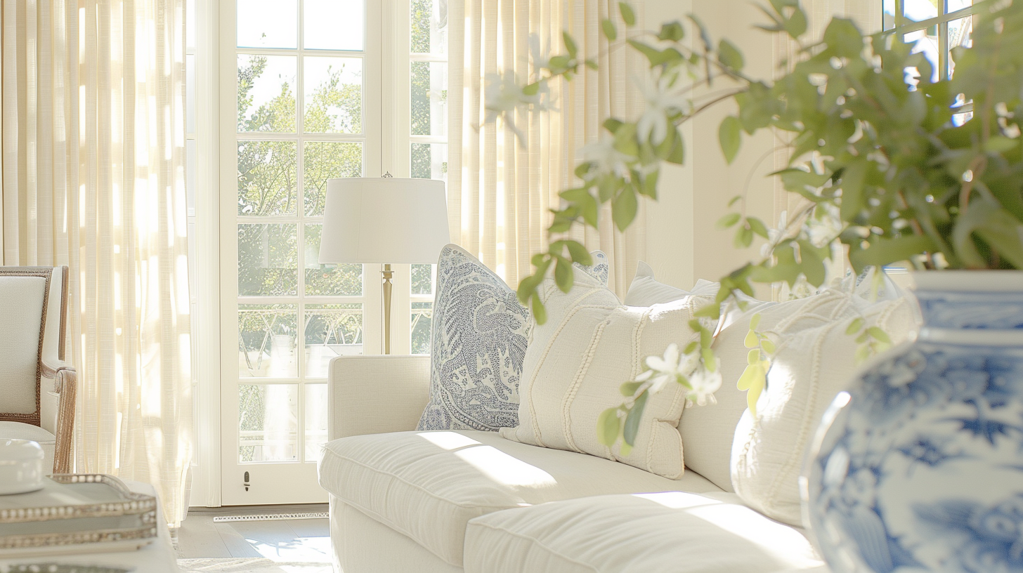 Soft morning light fills a serene, cream-toned living room with linen drapes, a plush sofa, and elegant blue-and-white accents.